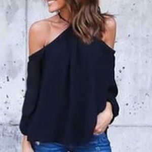 Cold Shoulder Black Boho Long Sleeve Blouse New